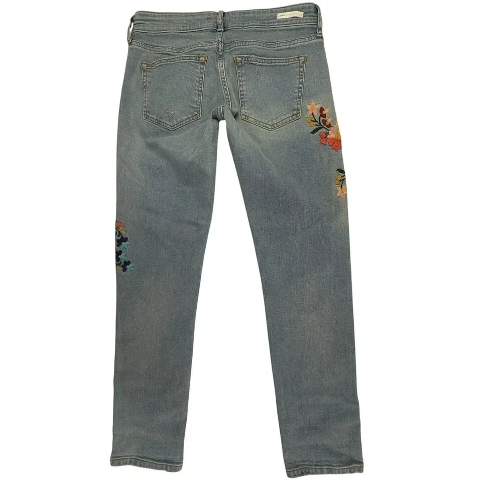 Pilcro Anthropologie Floral Embroidered Slim Fit Jeans Women 26 Stretch Bohemian